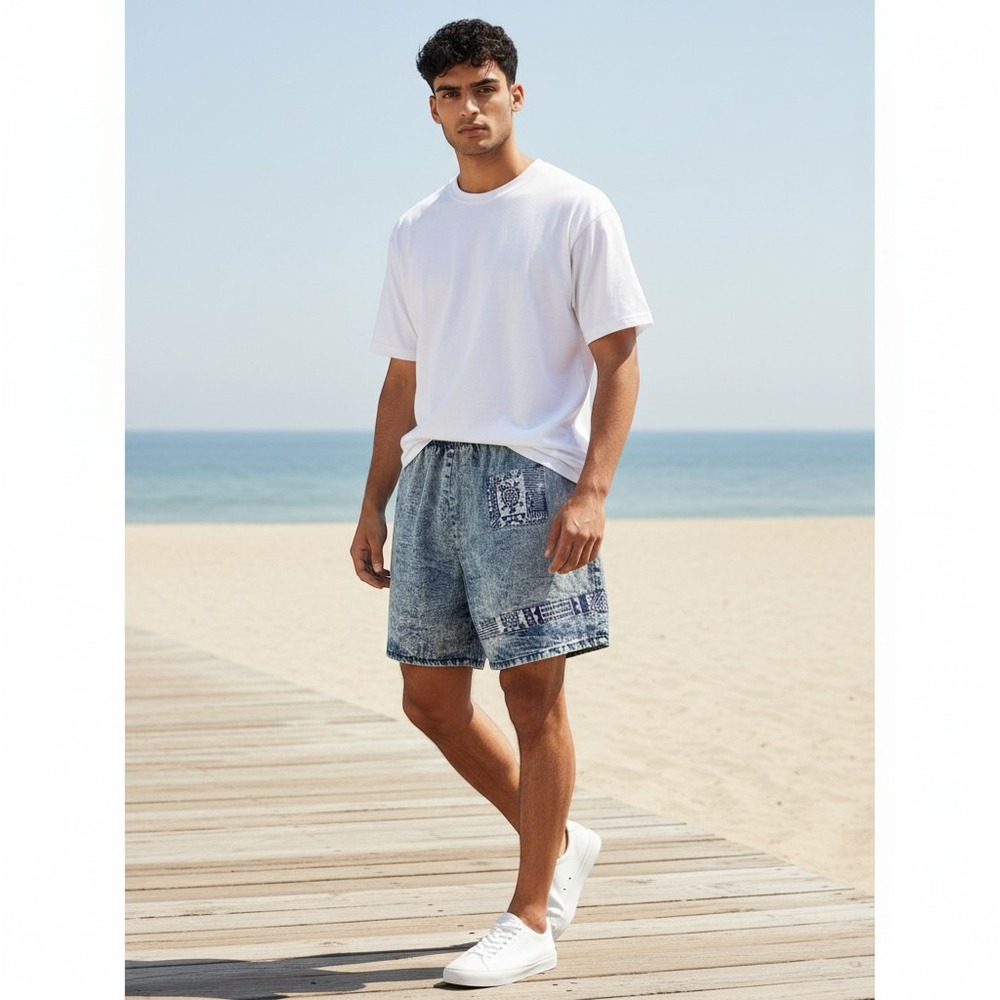 Bristol Blues Vintage 90s Acid Wash Tribal Denim Shorts Mens LG Blue Distressed